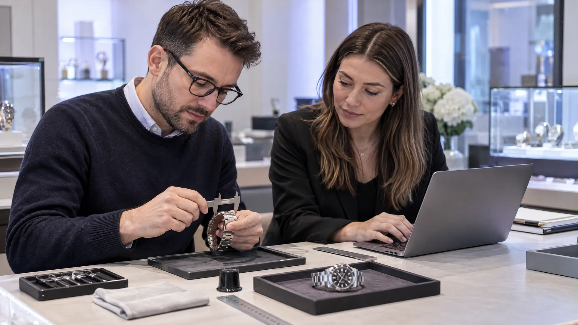 Watch specialist measuring a wristwatch while a colleague records its details.