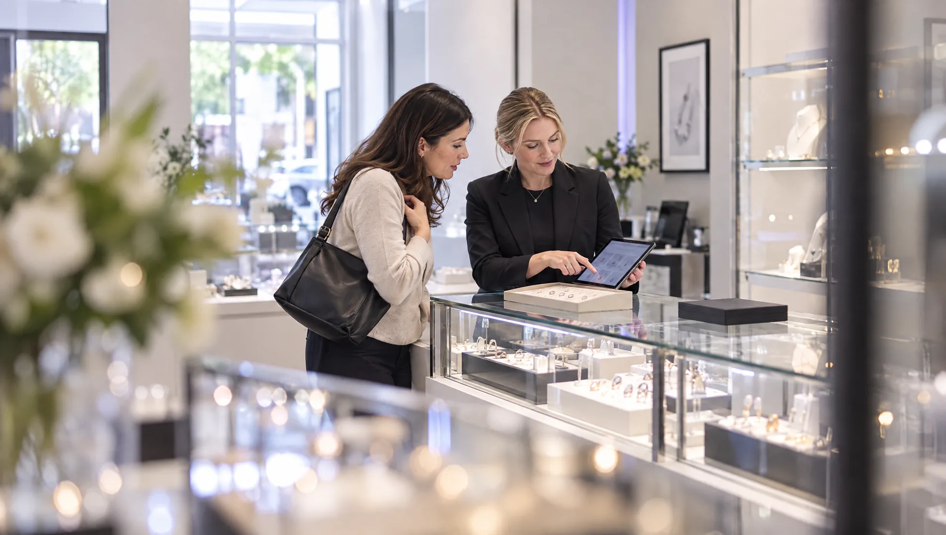 Jeweller helping a customer browse jewellery on a tablet.