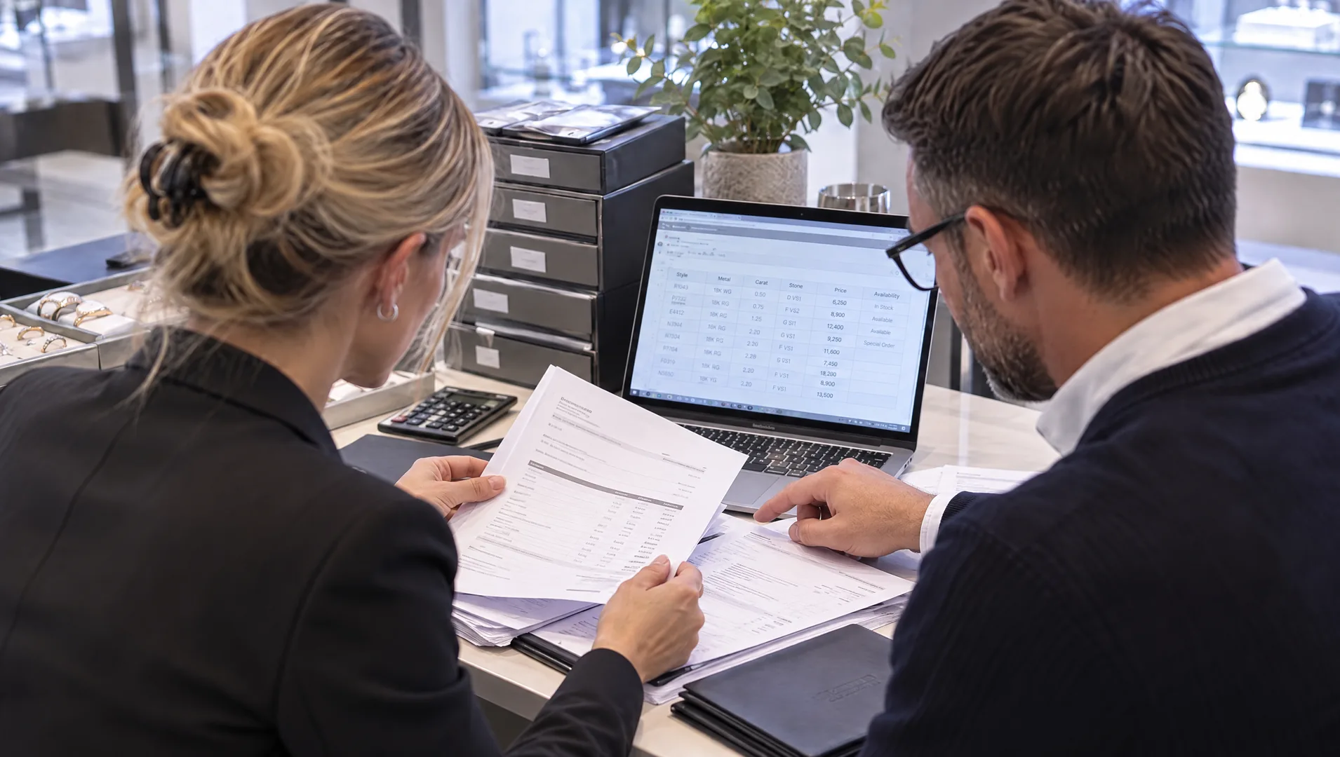 Colleagues checking watch purchase and sales paperwork beside a watch case.