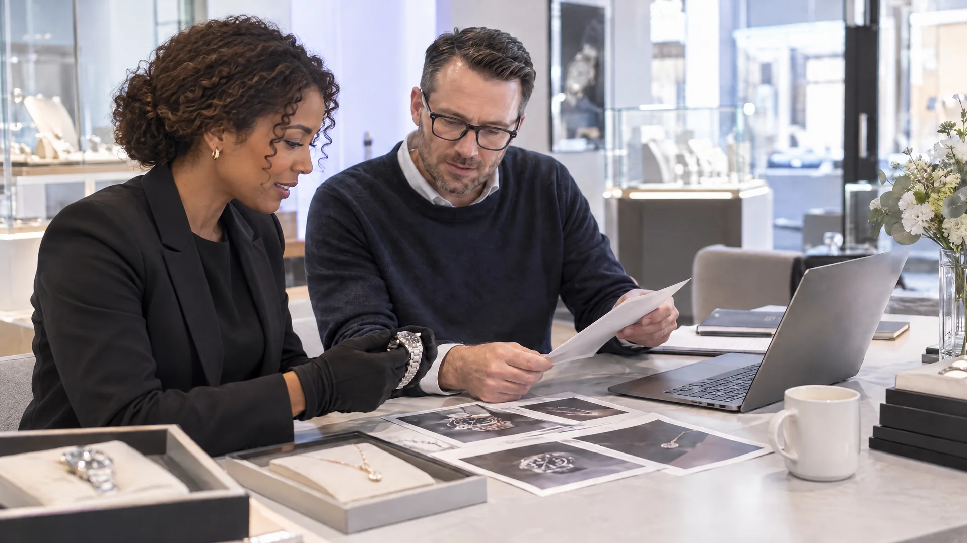 Jewellery shop colleagues reviewing product photographs and website content.