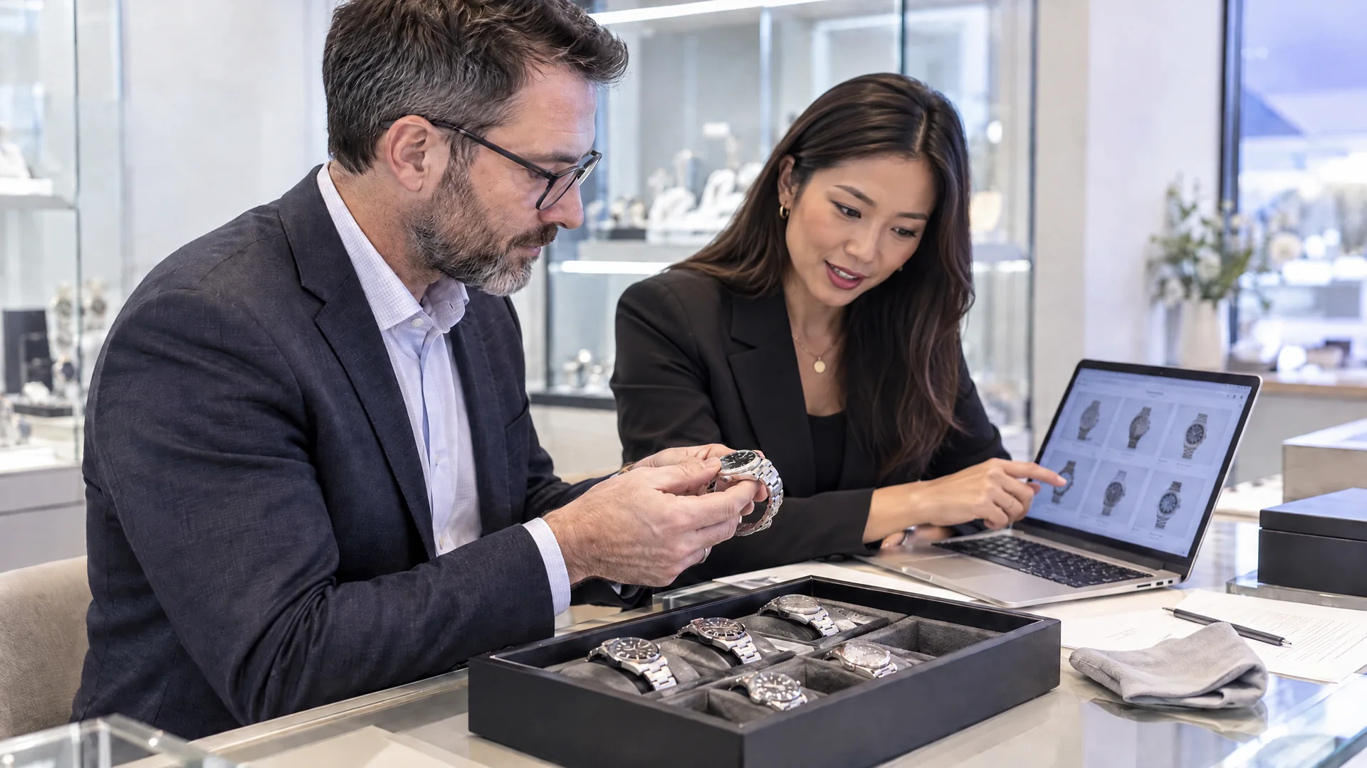 Jeweller and colleague reviewing watch brands and product listings on a laptop.