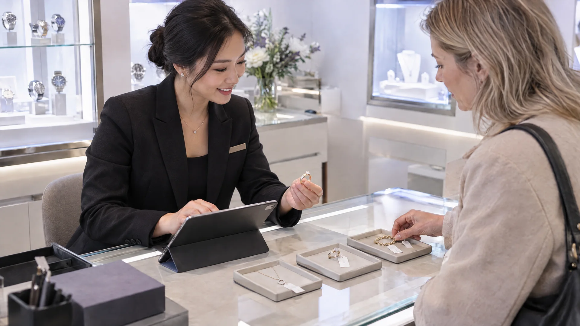 Jeweller recording a purchase while a customer reviews several jewellery items.