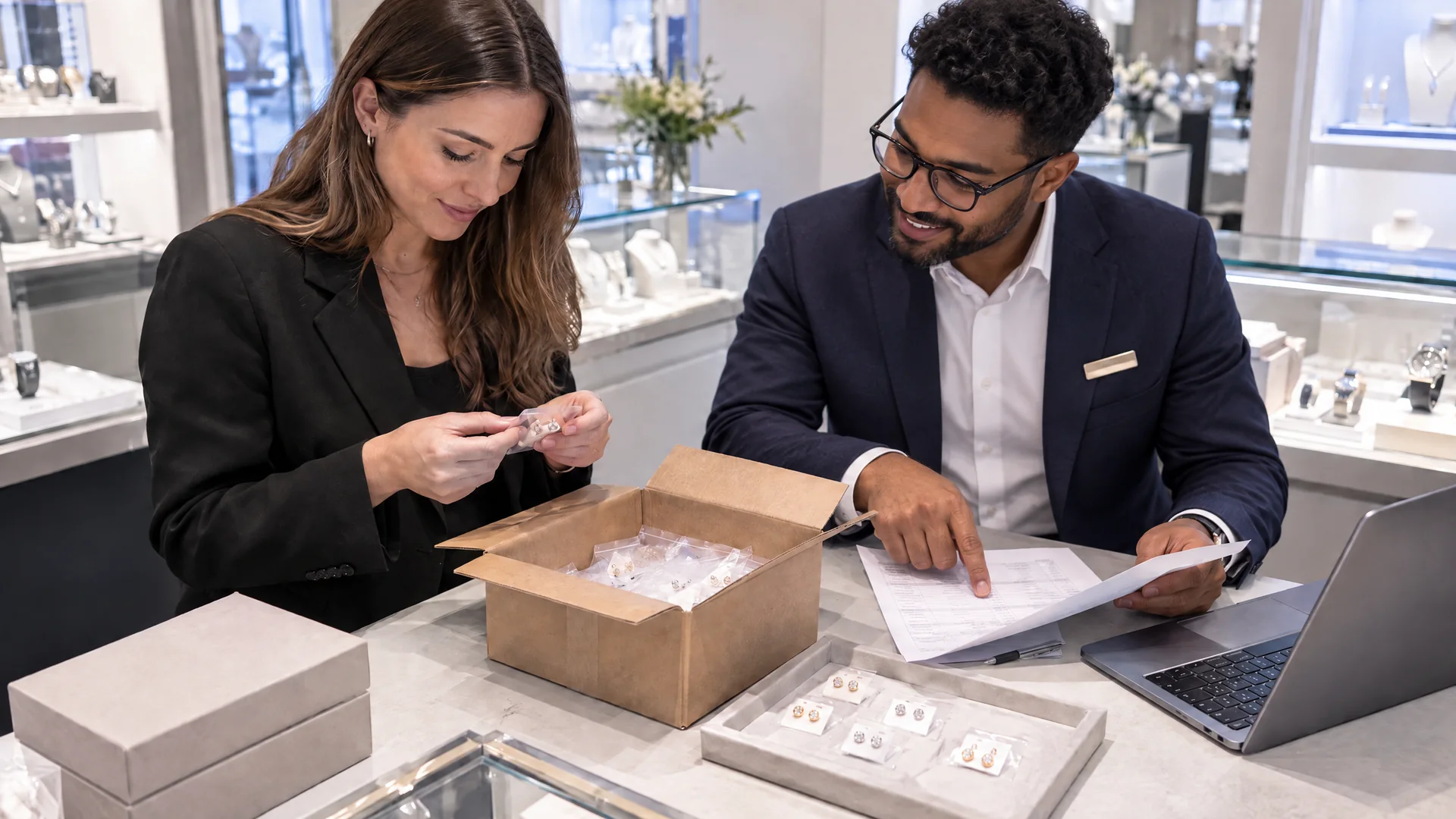 Jeweller and colleague checking an incoming jewellery stock delivery against a list.