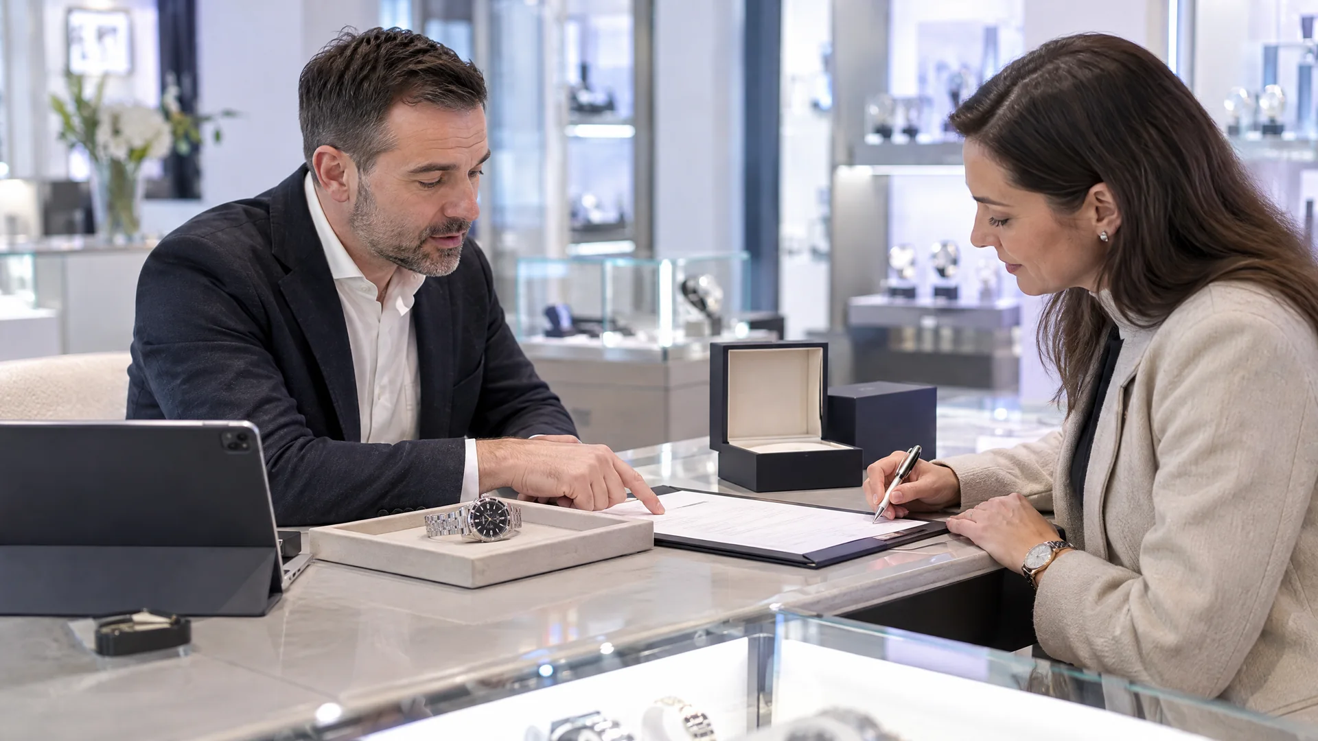 Jeweller and customer reviewing and signing paperwork for a watch.