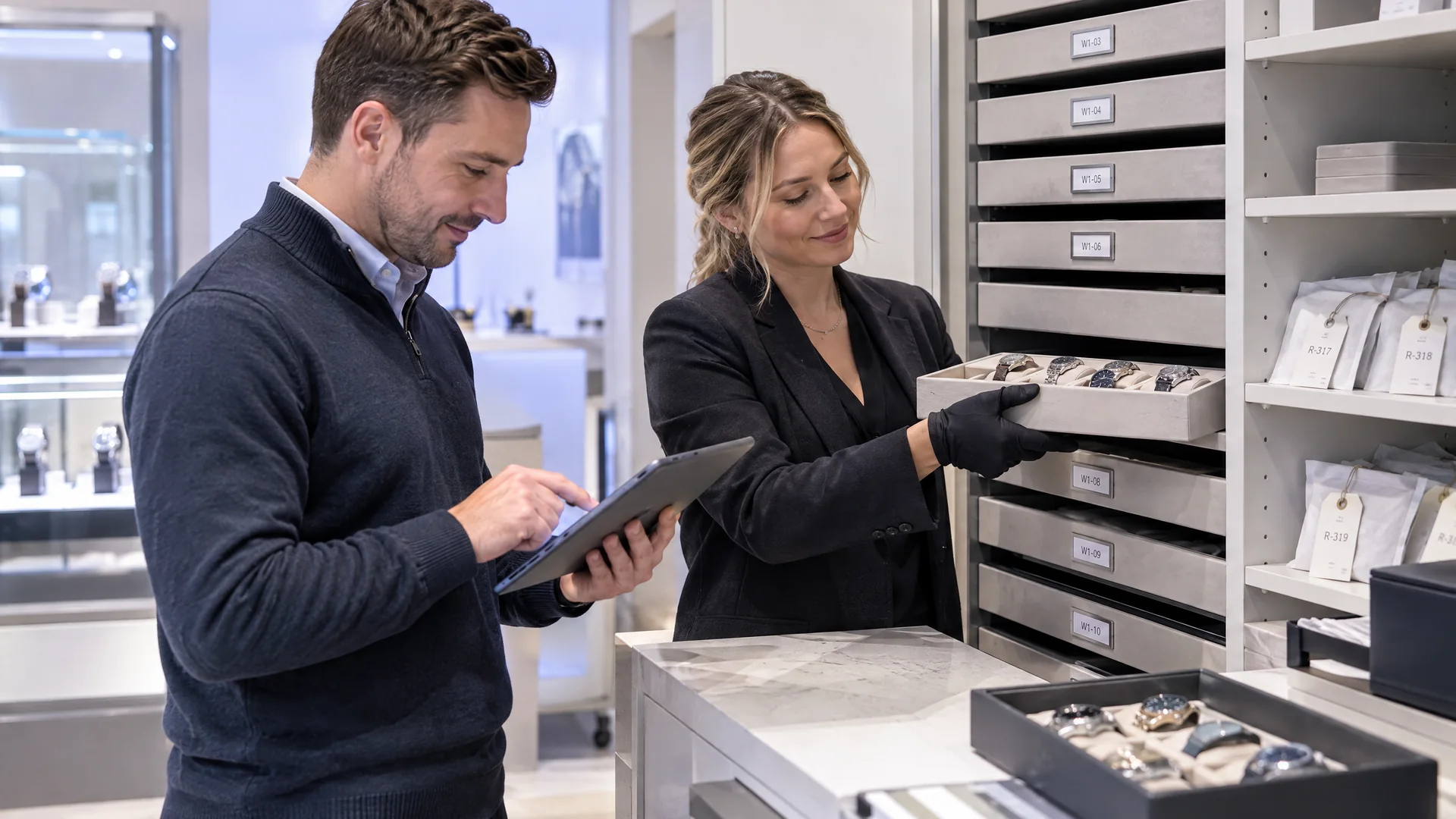 Jeweller checking watch stock drawers with a colleague using a tablet.