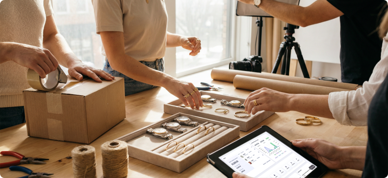 Jewellery and watches being prepared alongside a Stockbox dashboard