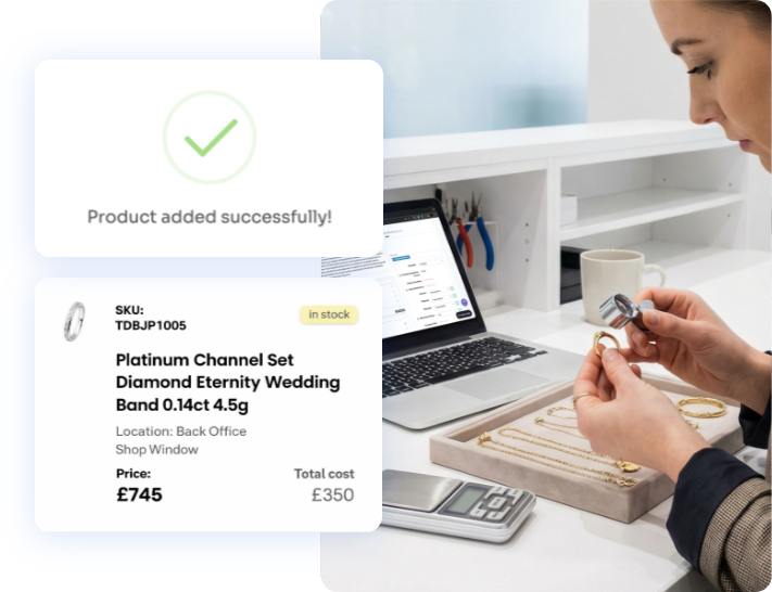 Jewellery product preparation with a Stockbox stock record showing item details, location and cost