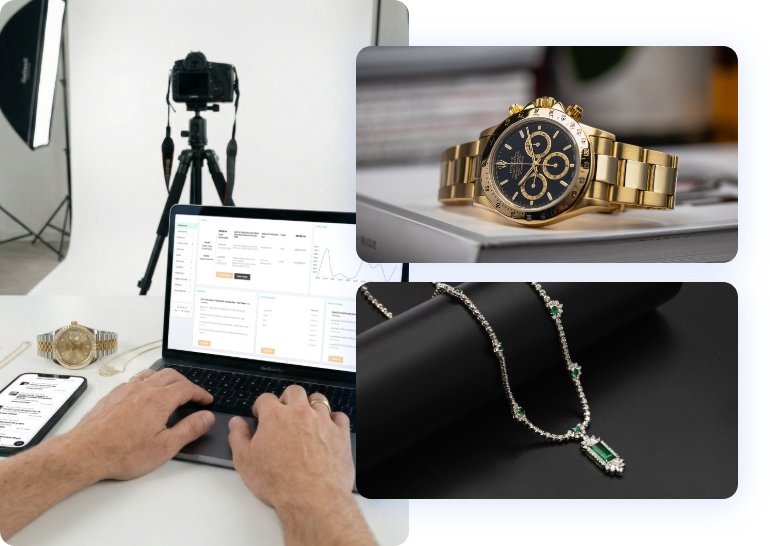 Jewellery and watch photography alongside Stockbox product management on a laptop